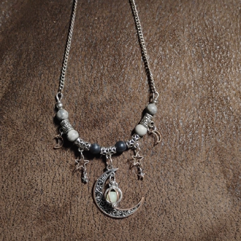 Celestial Silver Necklace with Crescent Moon and Star Charms